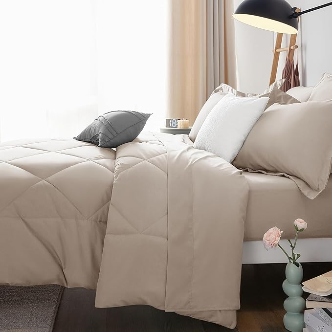 CozyLux King Size Comforter Set Linen - 7 Pieces Bed in a Bag King, Luxury Soft Bed Set for All Seasons, Bedding Set with Down Alternative Comforter, Sheets, Pillowcases & Shams