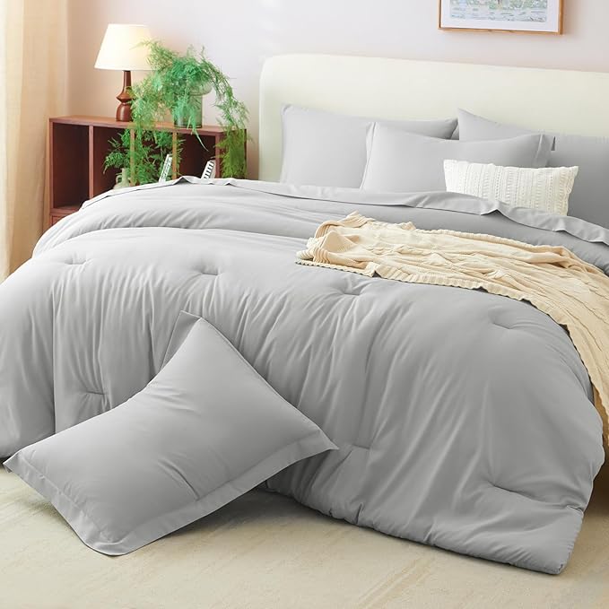 CozyLux Queen Comforter Set Light Grey, 7 Pieces Bed in a Bag Queen Comforter Set with Sheets, Soft Bedding Sets with Down Alternative Comforter, Fitted Sheet, Flat Sheet, Pillow Shams and Pillowcases