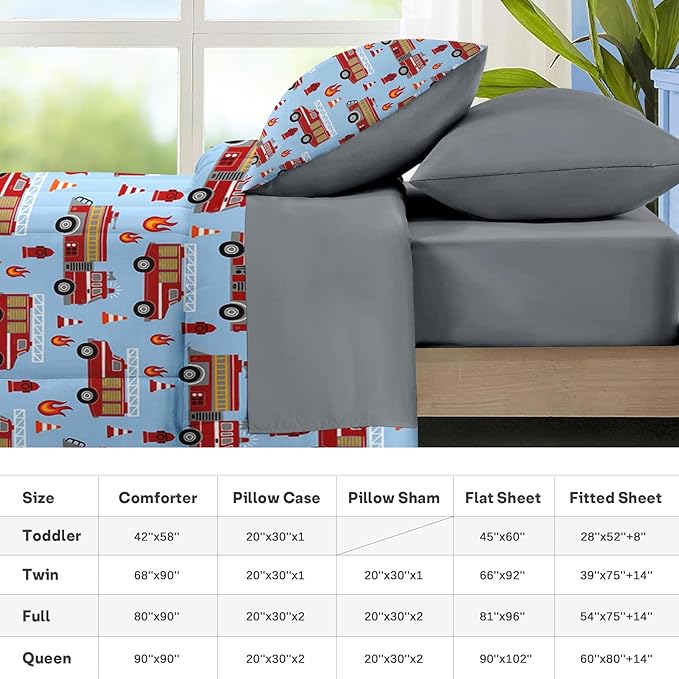 Nesker 7 Pcs Comforter Set Full Size, Red Fire Engine Bedding for Kids Teen, Fire-Fighting Trucks Vehicle with Fitted Sheet 2 Pillowcases & 2 Shams for Bedroom Bed Decor