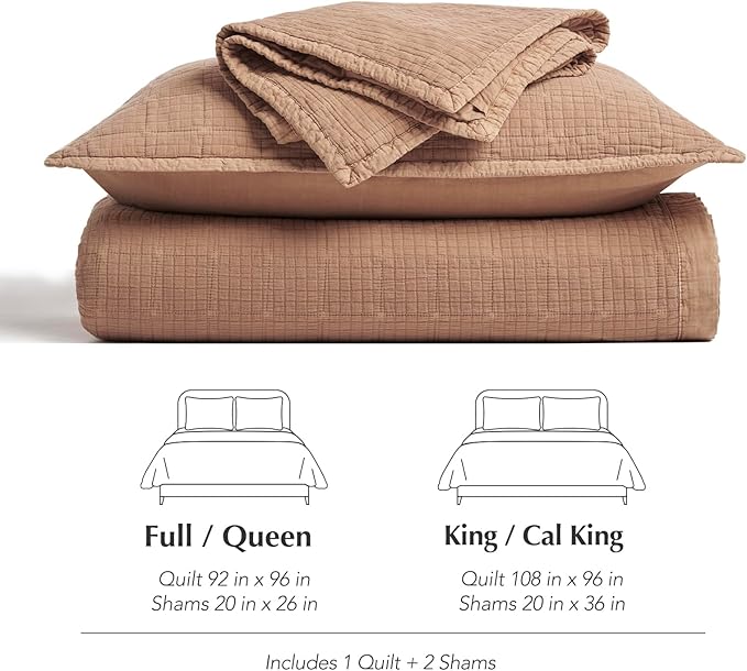 EVERGRACEHOME Stonewashed Cotton Quilt Set Full Queen Size, Ultra Soft Oversized Bedspread Coverlet Set, Lightweight Crinkle Box Stitch Bedding Sets for All Season, with 2 Shams, Blushed Terracotta