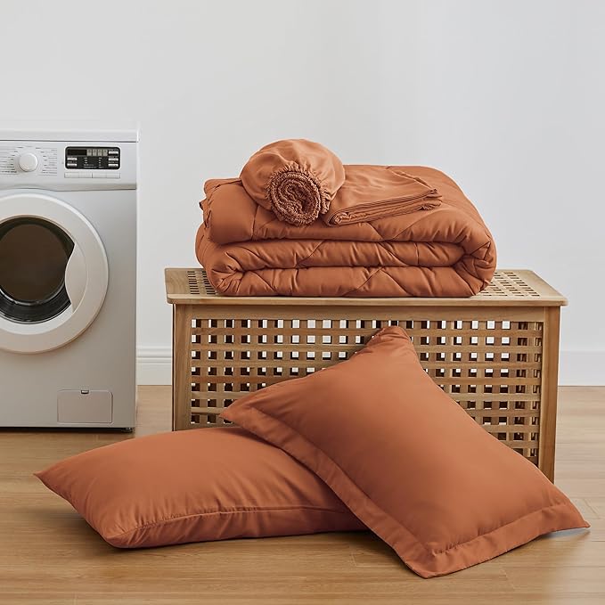 Love's cabin Twin XL Comforter Set Terracotta, 5 Pieces Twin XL Bed in a Bag, All Season Bedding Sets with 1 Comforter, 1 Flat Sheet, 1 Fitted Sheet, 1 Pillowcase and 1 Pillow Sham