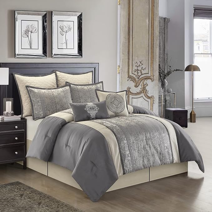 Grand Avenue Silver/Ivory Damask Patchwork California King Comforter Set, 8 Piece, Jacquard All Season Premium Bedding Set, Bed Skirt, Pillows & Shams