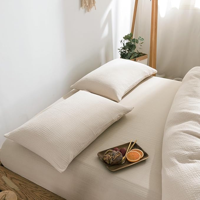 VM VOUGEMARKET Beige Duvet Cover Queen Size - 3 Pieces Muslin Cotton 3-Layer Guaze Textured Bedding Set,Includes 1 Duvet Cover 90x90 Inches with Zipper Closure & 2 Pillowcases