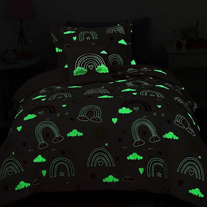 Full Size Comforter Set for Girls-4 Pieces Pink Rainbow Glow in The Dark Full Bedding Sets for Kids, 1 Comforter, 2 Shams and 1 Decor Pillow