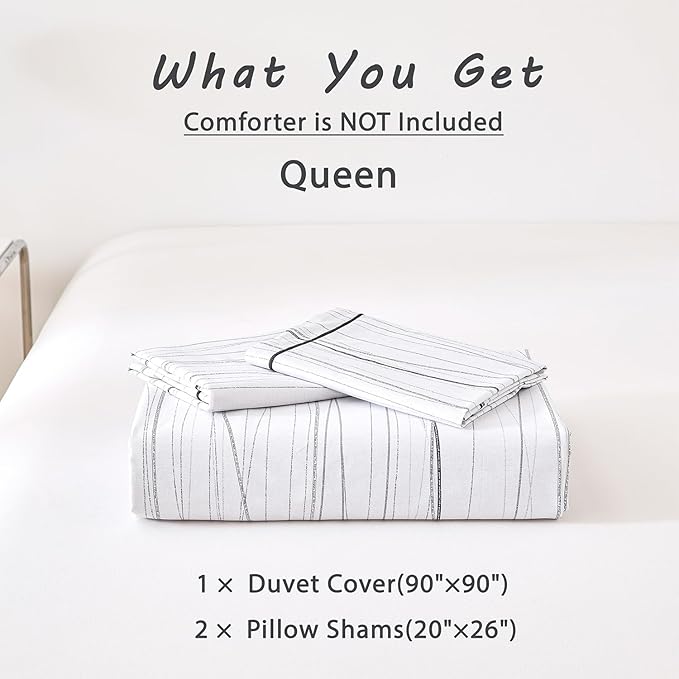 Modern Urban 100% Natural Cotton Duvet Cover Sets 3Pcs - Gray Artistic Lines Pattern on White with Textured Light-Gray Reverse, Minimalist Bedding Set with Button Closure(Queen,90"×90"