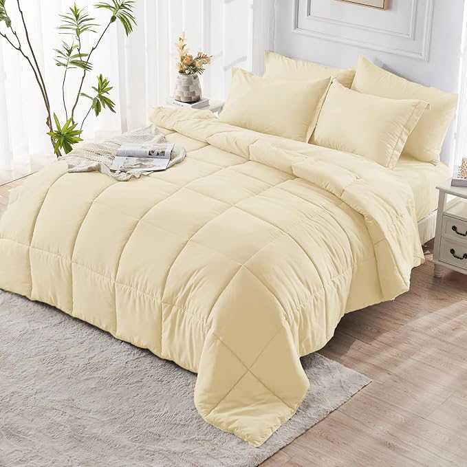 JOLLYVOGUE Twin XL Comforter Set, Ultra-Soft Bed in a Bag Twin XL Size 5 Pieces, Oeko-TEX Certified Bedding Set with Down Alternative Comforter, Sheets, Pillowcases & Shams, Light Yellow