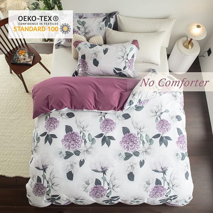 MILDLY 100% Washed Cotton Duvet Cover - Hydrangea Floral Comforter Cover Set Botanical Flower Pattern Bedding Set with Zipper Closure 4 Ties Twin Size