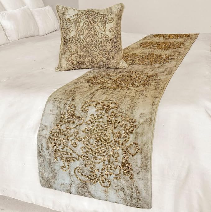 The HomeCentric King/Queen/Twin Ivory & Gold Decorative Twin 53"x18" Bed Runner Without Pillow Cover, Beaded & Foil Bed Scarf on Silk Fabric - Foil Damask Gold