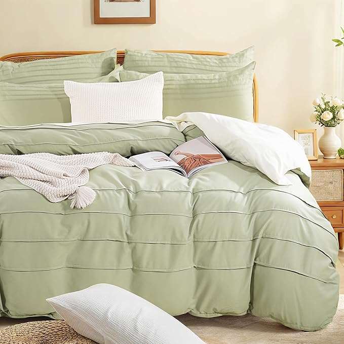 NEXHOME PRO 100% Washed Cotton Duvet Cover Twin,Linen Like Pleated Textured Sage Green Duvet Cover Set,2pc Organic Bedding Set with Zipper Closure,Soft,Lightweight Breathable(68"x90", No Comforter)