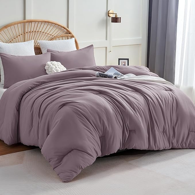 CozyLux Dusty Purple Comforter Set Twin/Twin XL Size, 2 Pieces Twin Extra Long Solid Breathable Quilted Bedding Sets, Luxury Soft Bed Set with Down Alternative Comforter and 1 Pillowcase All Season