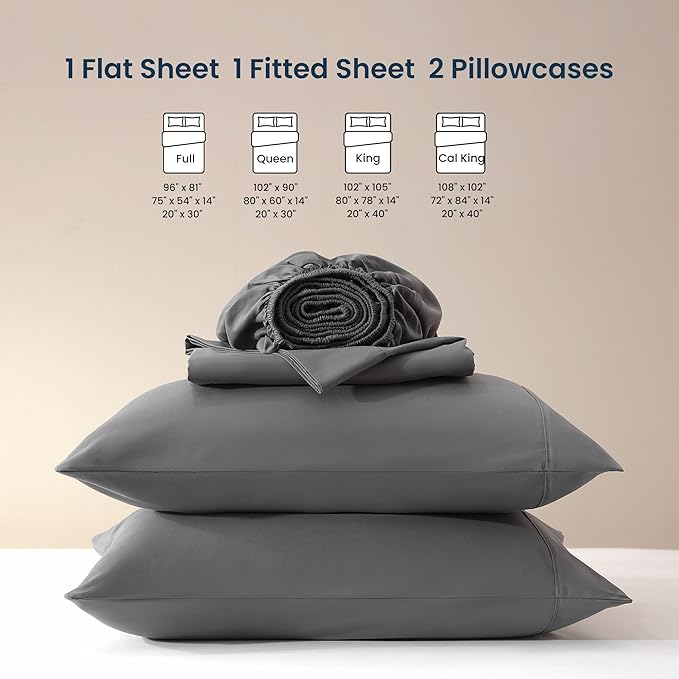 SLEEP ZONE Nanotex Super Soft Cooling King Bed Sheets Set 4 Piece - Easy Care Fitted Flat Sheet & Pillowcase Sets - Wrinkle Free, Fade Resistant, Deep Pocket 16" (Gray, King)