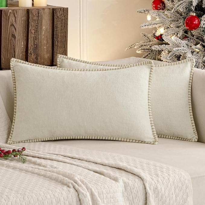 MIULEE Pack of 2 Christmas Pillow Covers 12x20 Inch Cream White Farmhouse Decorative Throw Pillow Covers with Stitched Edge Soft Chenille Solid Dyed Couch Pillow Covers for Sofa Bed Living Room