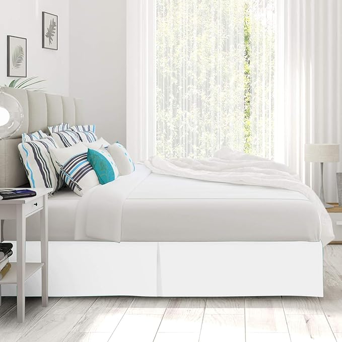 Bed Skirt - 25 Inch Fall Tailored Drop Pleated Dust Ruffle, 100% Egyptian Cotton - Solid Pattern and Color { Olympic Queen , Solid , White}