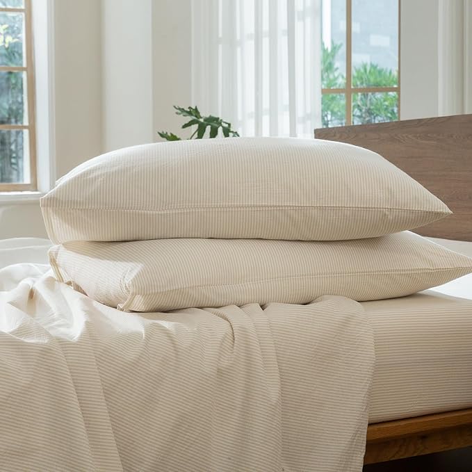 MooMee Striped Duvet Cover Set 100% Washed Cotton Linen Like Textured Breathable Durable Soft Comfy (Almond Milk Grey Pinstripes, Palatial King/Oversized King 120"x98")