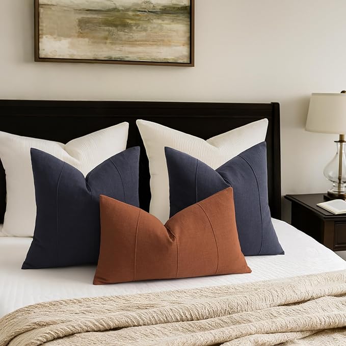 ZWJD Decorative Linen Throw Pillow Covers 20x20 Set of 2 Solid Handcrafted Striped Cushion Covers for Bed Soft Modern Farmhouse Neutral Pillowcase for Couch Bedroom Living Room Home Decor(Dark Navy)
