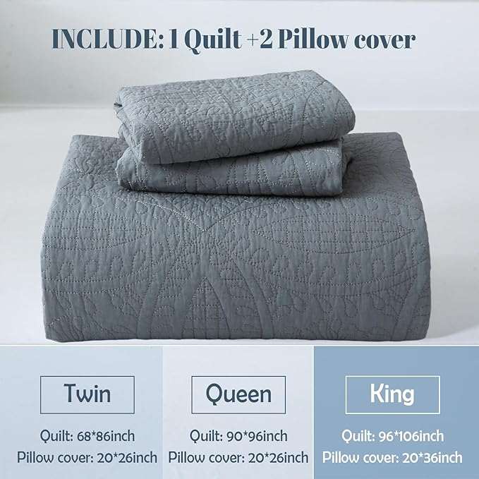 Gray 100% Cotton Queen Quilt Set, 3 Piece Modern Textured Bedspread with Coin Pattern, Lightweight Crinkly Coverlet Sham Set, Soft Minimalist All Season Bedding, Garment-Washed