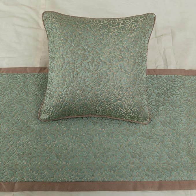 The HomeCentric King/Queen/Twin Blue & Beige Decorative Queen 74"x18" Bed Runner with 2 Pillow Cover, Damask Bed Scarf on Jacquard Fabric - Arabella