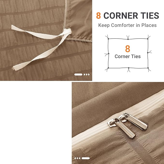 HYMOKEGE Brown Duvet Cover Queen Size, Ultra Soft 3-Piece Seersucker Duvet Cover Set with Zipper Closure, Soft Brushed Microfiber Bedding Set with 8 Corner Ties (90"x90", 2 Pillowshams)