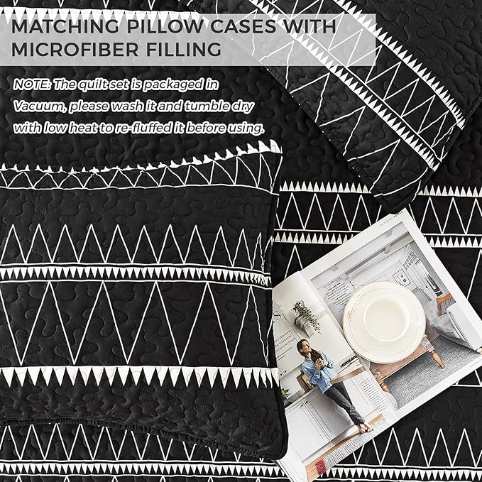 Andency Black Oversized King Quilt Set, 3 Pieces Boho Lightweight Soft Striped Bedspread for All Season (120"x98"), Printed Bohemian Microfiber Reversible Coverlet Comforter Sets