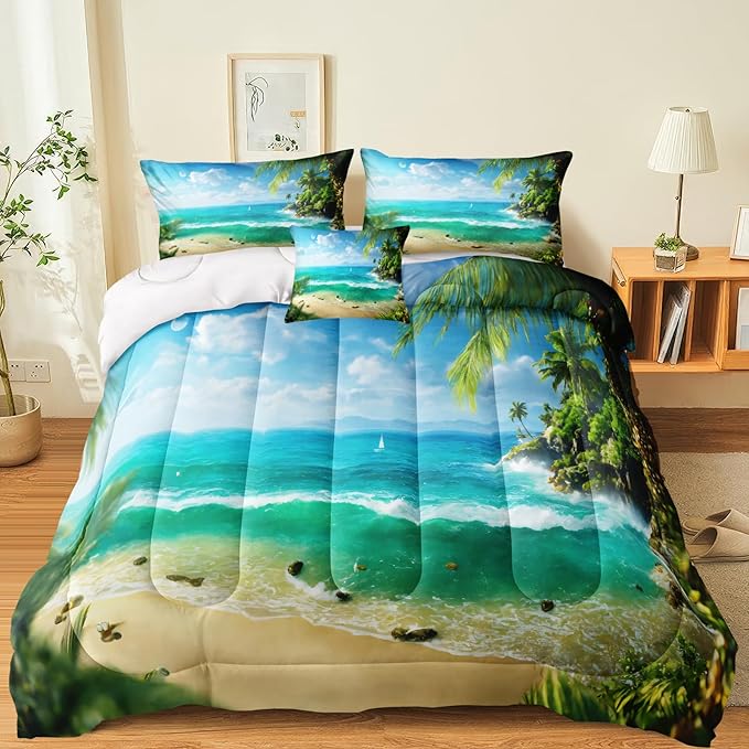 Bedbay Tropical Beach Comforter Set Queen Size Coastal Island Bedding Holiday Hawaii Style Bedding Set Soft Microfiber Summer Lightweight Comforter 4 Pcs Beach Theme Quilt Set for All Seasons