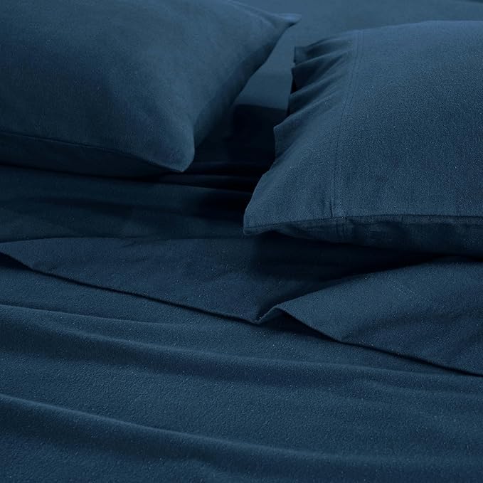 Superior Paisley or Solid Flannel Cotton Sheet Set, Fuzzy Warm Sheets, Traditional Bohemian Bedding, Includes 1 Flat Sheet, 1 Elastic Deep Pocket Fitted Sheet, 2 Pillowcases, King, Navy Blue