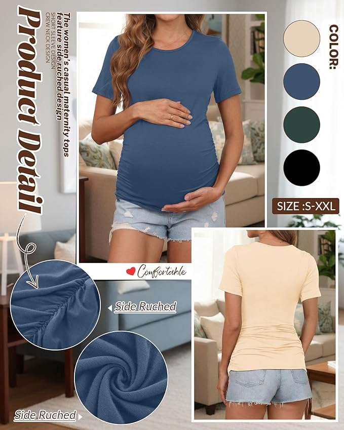 Huukeay 4 Pack Women's Maternity Shirts, Crew Neck Maternity Top Short Sleeve Casual Cotton Tee Side Ruched Pregnancy Clothes