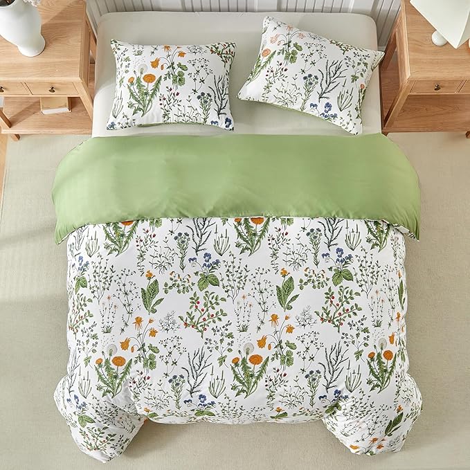 Lekesky Queen Size Duvet Cover Set, Lightweight Soft Microfiber Comforter Cover, Reversible Duvet Cover Queen with Floral Pattern, 3 Pieces Green Bedding Set with Zipper and 2 Pillowcases
