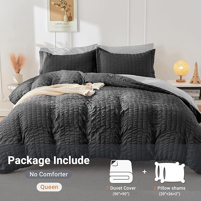HYMOKEGE Dark Grey/Light Grey Duvet Cover King Size, Ultra Soft 3-Piece Seersucker Duvet Cover Set with Zipper Closure, Soft Brushed Microfiber Bedding Set with 8 Corner Ties (104"x90", 2 Pillowshams)