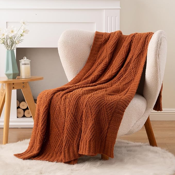 Battilo Fall Decor Caramel Diamond Knit Throw Blanket for Couch and Bed, Soft Textured Chenille Rust Orange Blanket, Cozy Lightweight Decorative Blanket for Sofa, 50"x60"