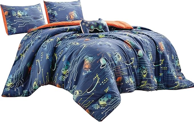 Chezmoi Collection 3-Piece Boys Twin Bedding Sets Sports Soft Microfiber Blue Orange Multi-Color Video Games Controller Skateboard Kids Comforter Set Twin Size