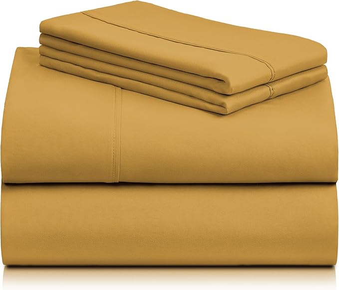 LuxClub 4 PC Queen Sheet Set, Breathable Luxury Bed Sheets, Deep Pockets 18" Wrinkle Free Cooling Sheets Machine Washable Hotel Bedding Silky Soft - Medallion Gold Queen