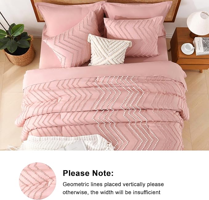Litanika Blush Pink King Size Comforter Set with Sheets - 7 Pieces Bed in a Bag King Boho Tufted Complete Bedding Sets with Comforter, Sheets, Pillowcases & Shams
