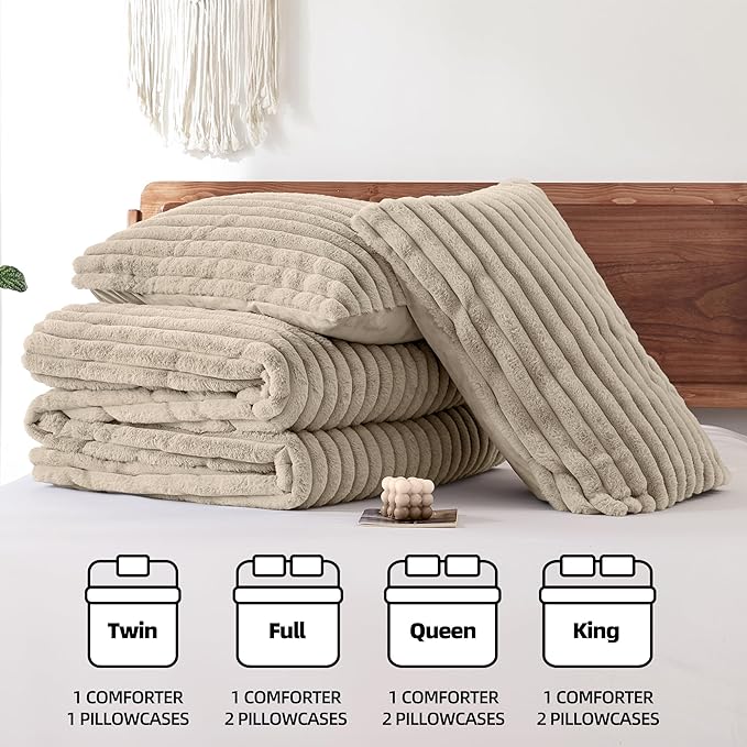 Smoofy Fluffy Full Size Comforter Sets 3 Pieces - Linen Fleece Fluffy Comforter Set, Luxury Fuzzy Full Bedding Set, Soft Comforter Full Size All Season, Heavy Faux Fur Comforter with 2 Pillow Cases