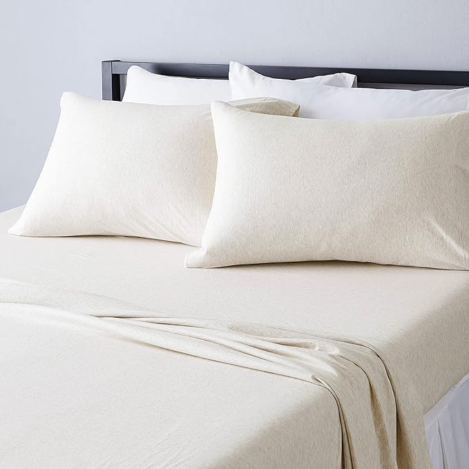 Amazon Basics 4-Piece Soft, Breathable 100% Cotton Jersey Knit Bed Sheet Set with Deep Pockets, Includes Flat and Fitted Sheets, Pillowcase, Queen, Oatmeal, Solid