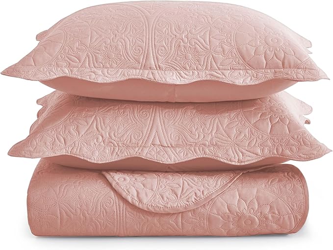 IR Imperial Rooms King Quilt Bedding Set Size (106" x 96") + 2 Pillow Shams (20" x 36"+ 2") - 3 Pcs All Season Lightweight Reversible Microfiber Coverlet Floral Embossed Quilt Bedspread (Baby Pink)