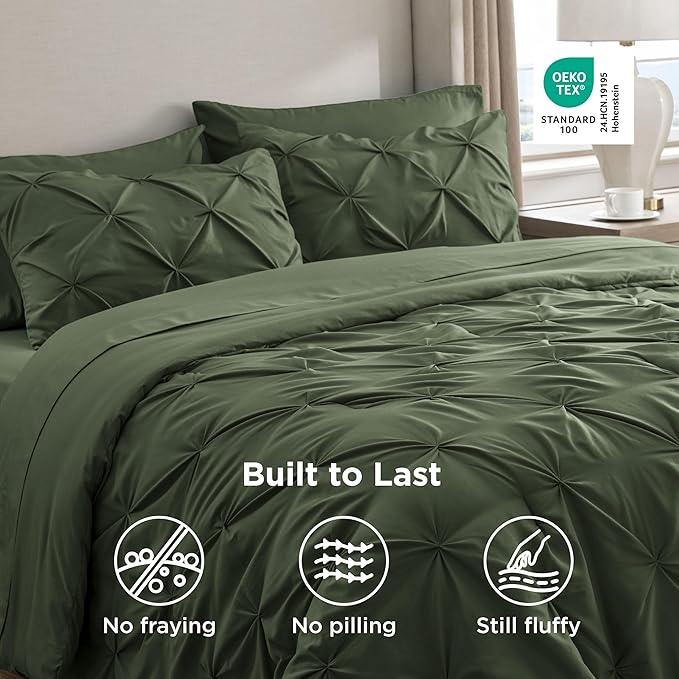 Bedsure Twin Comforter Set Olive Green - Bed in a Bag Twin Size Bedding 5 Pieces, GentleSoft™ Pintuck Bed Set Gift for Family, Pinch Pleat Olive Green Comforter with Sheets, Pillowcase & Sham