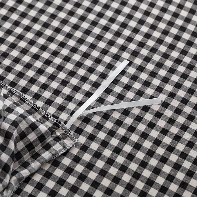 mixinni Black White Gingham Ruffle Duvet Cover Twin XL Size 3 Pieces – 100% Washed Cotton, Vintage Plaid Ruffled Bedding Set with Zipper Ties, Soft Checkered Grid Farmhouse Chic Comforter Cover Set