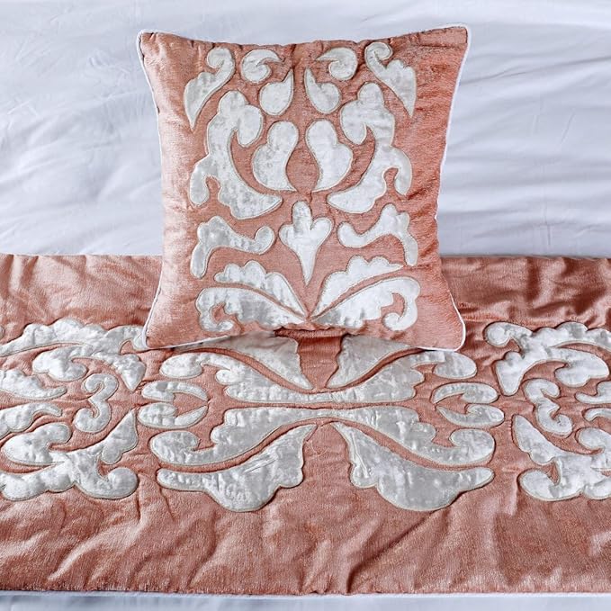 The HomeCentric Decorative Peach & Ivory Twin 53 x 18 inch Bed Runner with 2 Pillow Cover Set, Velvet Applique Bed Scarf, Abstract Modern - Peach Elegance