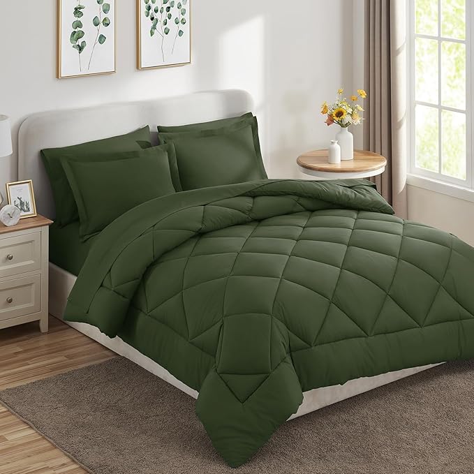 CozyLux Twin XL Comforter Set Olive Green - 5 Pieces Twin Extra Long Bed in a Bag for College Dorm, All Season Bedding Set for Girls and Boys, Soft Bed Set with Comforter, Sheets, Pillowcase & Sham