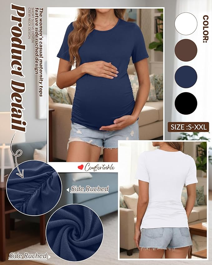 Huukeay 4 Pack Women's Maternity Shirts, Crew Neck Maternity Top Short Sleeve Casual Cotton Tee Side Ruched Pregnancy Clothes