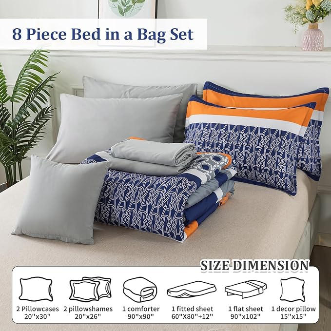 8 Pieces Bed in a Bag Stripe Comforter Set King Size,Blue Patchwork Striped Comforter with Sheets Set Soft Microfiber Boho Bedding Sets (Blue,Grey)