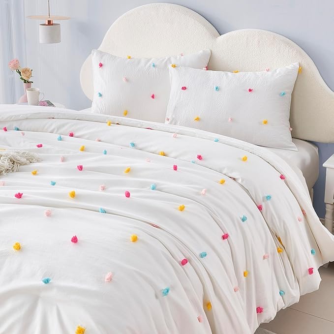 Full Size Kids Comforter Set Colorful Tufted Pom Pom Bedding Set for Girls 3 Piece White Boho Jacquard Quilt Bed in A Bag Lightweight Duvet Bed Set for Kids Teen Girls Bedroom Decor with 2 Pillowcase | Colorful Tufted Dots, Full Comforter Set, Kids Com...