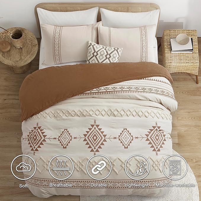 Oli Anderson Boho Duvet Cover Set Twin Size, Beige and Terracotta Color Clash 2 Pieces Microfiber Bedding Set, Durable and Super Soft Duvet Covers with Zipper and Ties, 68"*90"