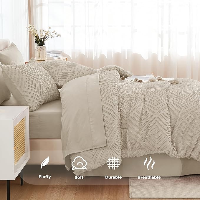 Andency Oatmeal Super King Size Comforter Set with Sheets - 7 Pieces Bed in a Bag Boho Tufted Bedding Sets Fluffy Lightweight Super King Bed Set with Comforter, Sheets, Pillowcases & Shams