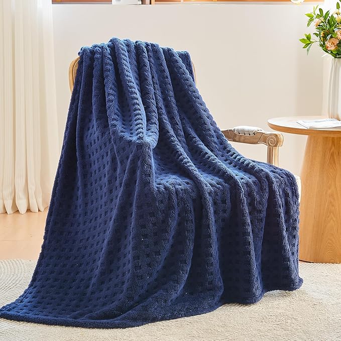 NEWCOSPLAY Super Soft King Blanket Navy Premium Silky Flannel Fleece 3D Waffle Checkered Lightweight Bed Blanket All Season Use (Dark Navy, King(90"x110"))
