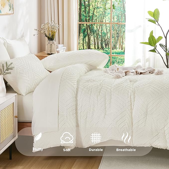 Andency Oversized Queen Comforter Set 7 Piece Ivory - Bed in a Bag Oversized Queen Boho Lightweight Fluffy Tufted Bedding Sets with Comforter, Sheets, Pillowcases & Shams