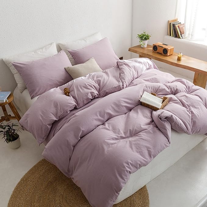 ECOCOTT Light Purple Duvet Cover Queen Size - 100% Washed Cotton Durable Soft Comfy Duvet Cover Set, 3 Pieces Duvet Cover with Zipper Closure (Light Purple, 90''x90'')