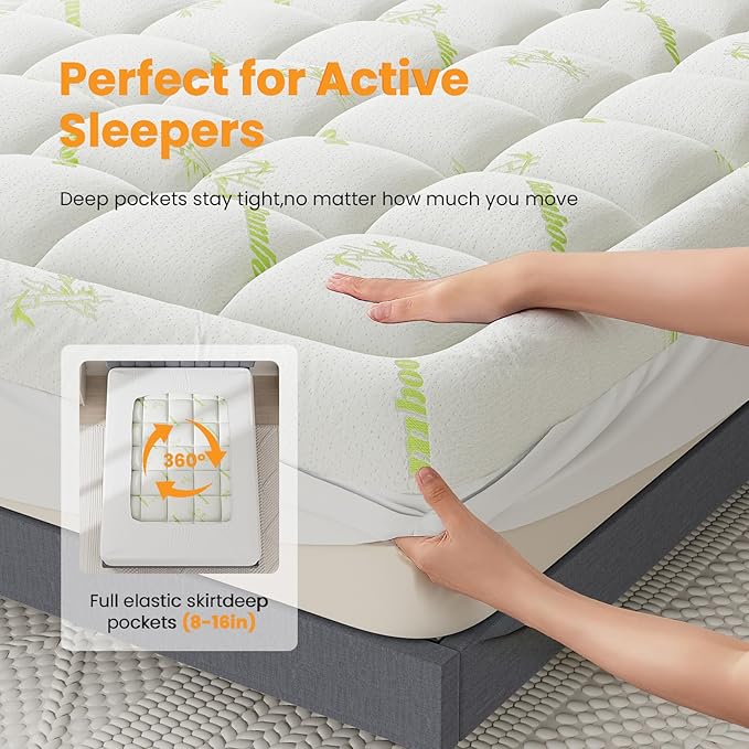 Sweetcrispy Ultra Soft Mattress Topper Queen Size - Viscose Made from Bamboo Pillow Top Mattress Pad for Breathable Cooling & Back Pain Relief, Deep Pocket Comfort Bed Topper, Green
