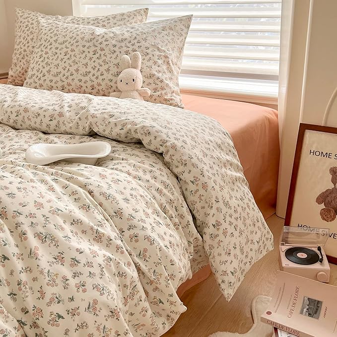 HighBuy Boho Cotton Floral Duvet Cover Twin White Coquette Bedding Comforter Quilt Duvet Covers with Pink Floral,Garden Floral Bedding Set Twin Lightweight Soft Cottagecore Duvet Cover Sets Cute