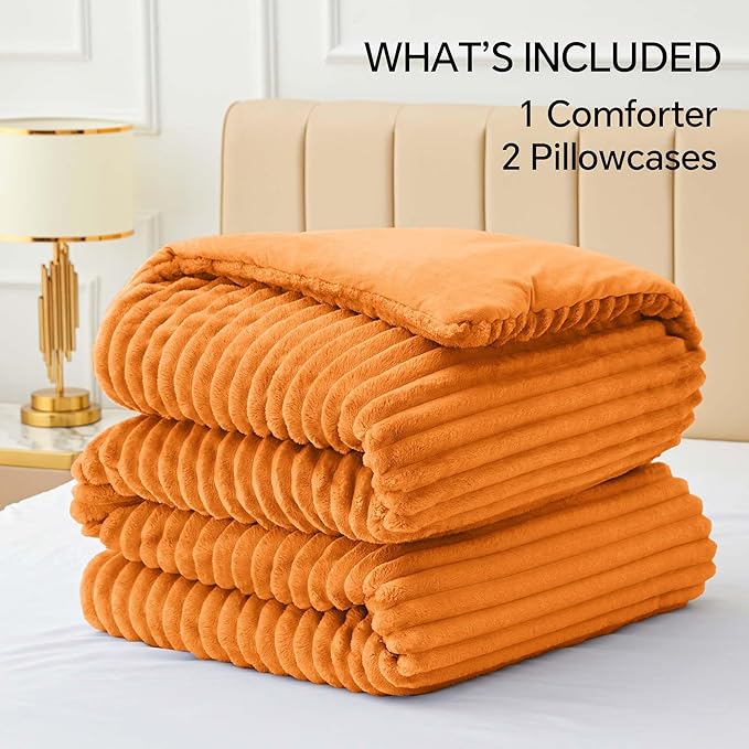 BEDELITE Fleece Full Comforter Set -Super Soft & Warm Fluffy Burnt Orange Bedding, Luxury Fuzzy Heavy Bed Set for Winter with 2 Pillow Cases